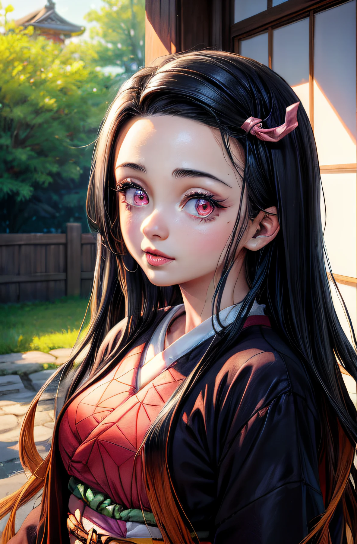 (Ultra Real), (Illustration), (High Resolution), (8K), (Very Detailed), (Best Illustration), (Beautiful Detailed Eyes), (Best Quality), (Ultra Detailed), (Masterpiece), (Wallpaper), (Detailed Face),Red Eyes, Night Up Upper Body, Ice Cream,Long Hair,Solo,Simple Kimono Top Girl, Sweaty, Japan Person, Big , (Camel Toe) Nezuko Kamado, Flirty Smile, Adult Nezuko Kamado.