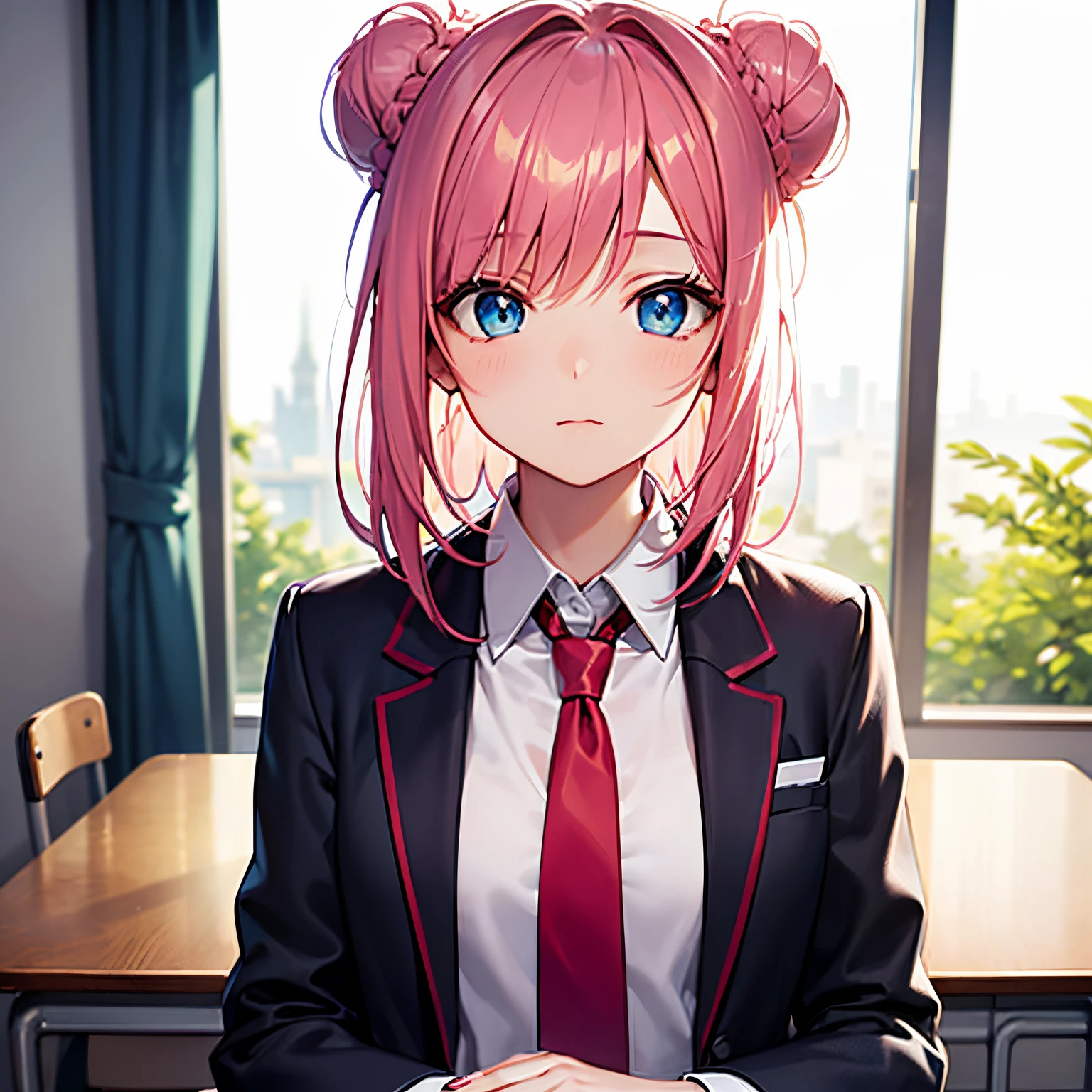 (​masterpiece、top-quality)、Black Blazer、White blouses、Blue tie、student clothes、Bun hair、Blue eyes、Pink hair、Blurred foreground,Gogeta, girl,Wearing modern clothes,Beautiful eyes and face,Cool hairstyle, Bun hair with bangs that cover the face, A pink-haired, Childhood expressions,Confident poses,Classroom background,Soft light、Artistic portrait,digitial painting,ultra-detailliert,Haute,Physically-based rendering,school  background、Studio Lighting,foco nítido,Bokeh,Photorealista.