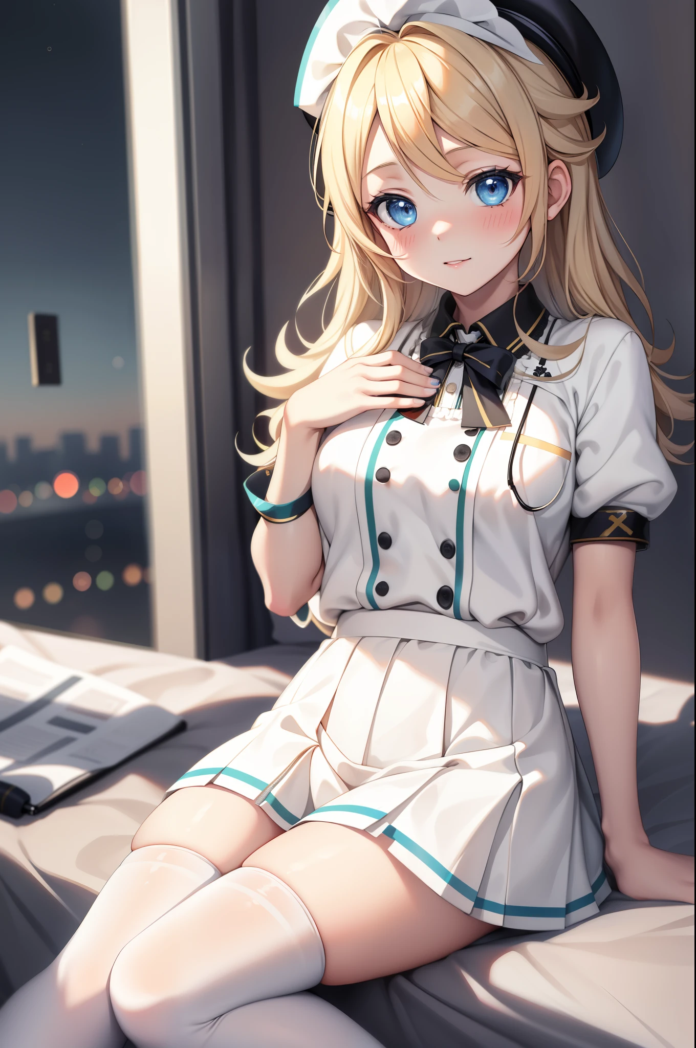 Kagamine rin , 1girl, traje de enfermera, Gorra de enfermera, Desgaste blanco, ((Legwear blanco, Zettai Ryouiki)), Guantes blancos, cabello rubio, ojos azules, labios rosados, They are smiling, En pie, ((hospital room)), sharp outline, manga corta, La mejor calidad, Obra maestra