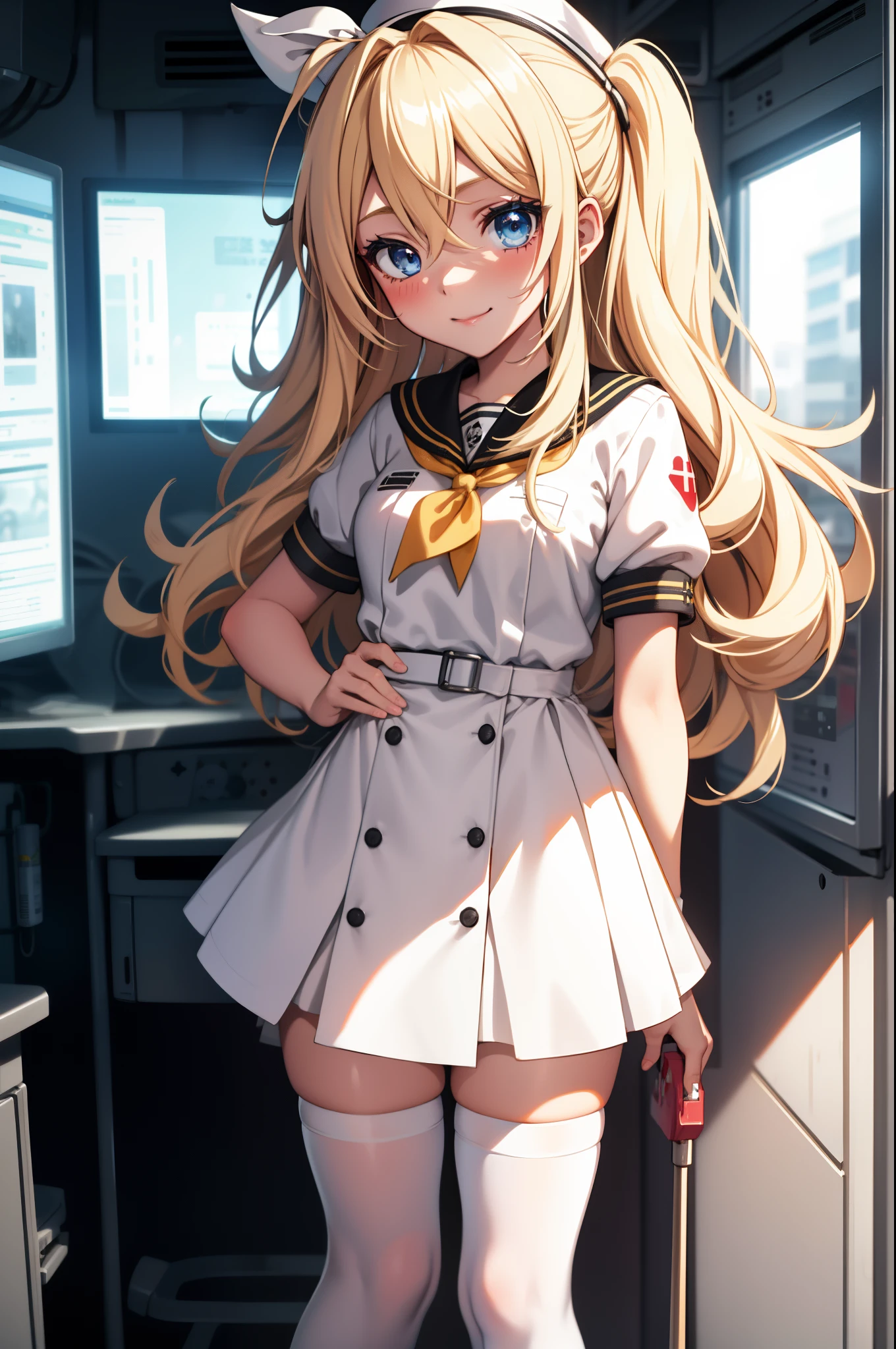 Kagamine Rin , 1fille, costume d&#39;infirmière, Casquette d&#39;infirmière, vêtements blancs, ((Pantalon blanc, zettaï ryôiki)), gants blancs, cheveux blond, yeux bleus, lèvres roses, Ils sourient, Debout, ((chambre d&#39;hôpital)), contour net, manche courte, La meilleure qualité, chef-d&#39;œuvre