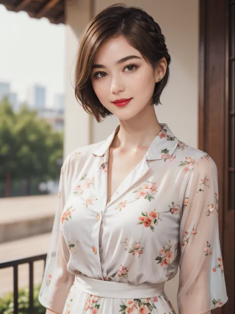 109
(a 20 yo woman,is standing), (A hyper-realistic), (high-level image quality), ((beautiful hairstyle 46)), ((short-hair)), (Gentle smile), (Keep your mouth shut), (lipsticks), (breasted:1.1), Floral clothing