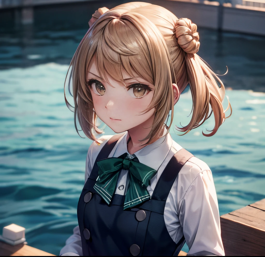 {{on the deck of warship}}, {{in front of the canon}}, {{love live!}},{{masterpiece}}, {highly detailed}, ,(masterpiece, best quality:1.2), upper body, MichishioKC, {{from below}}, angry, school uniform, pinafore dress, green ribbon, looking at viewer, small breast, long sleeve, anime nose