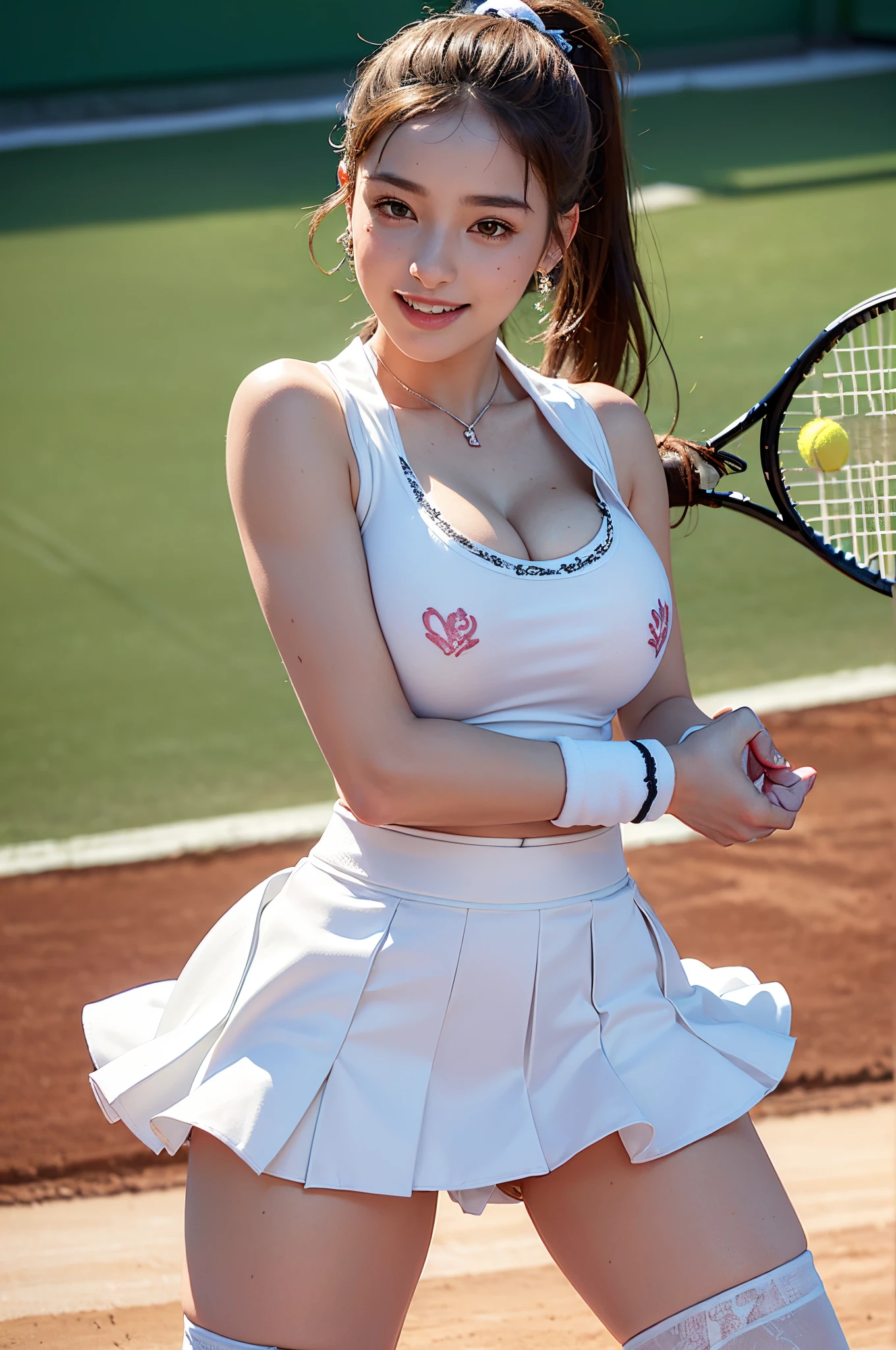 young tennis athlete clothes, (sweet smile), ultra high resolution, (top quality, masterpiece, intricate details), (detailed hands, detailed fingers), (fashion photography portrait), professional lighting, ((whole body)), (facing  forward), (big breasts:1.7), (bust cleavage), (protruding nipples:1.4), (looking at the audience:1.2), 1 athlete girl, (smiling sweetly), ponytail hair, (curvy),  narrow waist, (real skin, oily skin, pale skin), (tennis uniform:1.3), (short flared skirt:1.4), ((posing hitting the ball)), (wide legs:1.3), (cameltoe:1.3  ), (jewelry, earrings), (perfect female body, narrow waist), (tennis court background), (intricate detailed background)