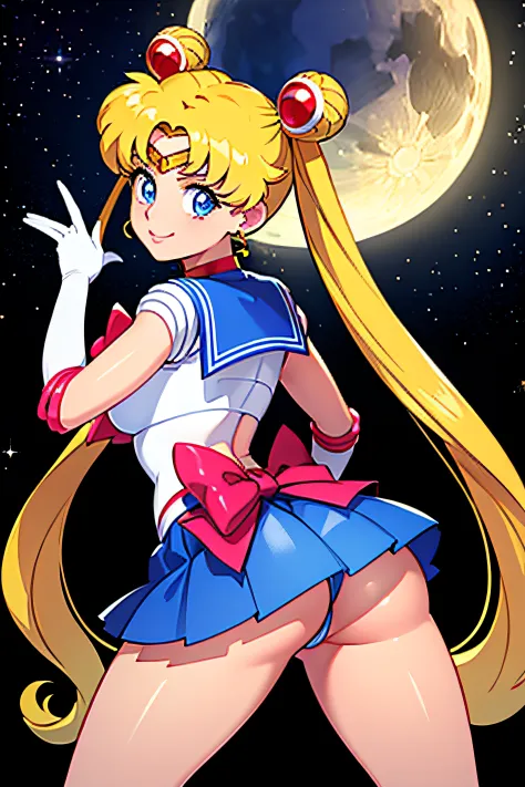 masterpiece, best quality, absurdres, perfect antomy, 1girl, solo, SMMoon, 1990s \(style\), blonde sailor moon, standing, smile, cowboy shot, sailor senshi uniform, sailor collar, blue skirt, elbow gloves, in back pose, show her booty, backwards, no thong ...
