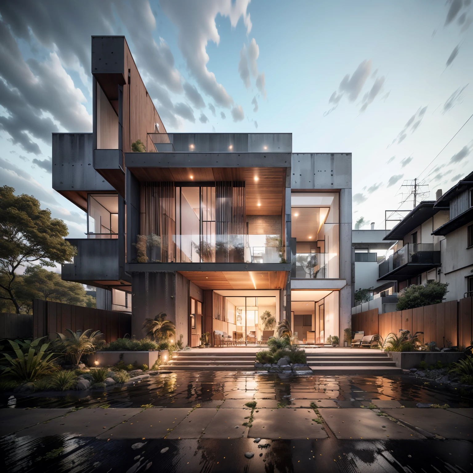 Bauhaus style house, glass and concrete house with a sloping roof, modern, dynamic (RAW photo, real, best quality, masterpiece:1.2), (hyper realistic, photo-realistic:1.2), high quality, (dark lighting:1.2), perfect lighting, archdaily