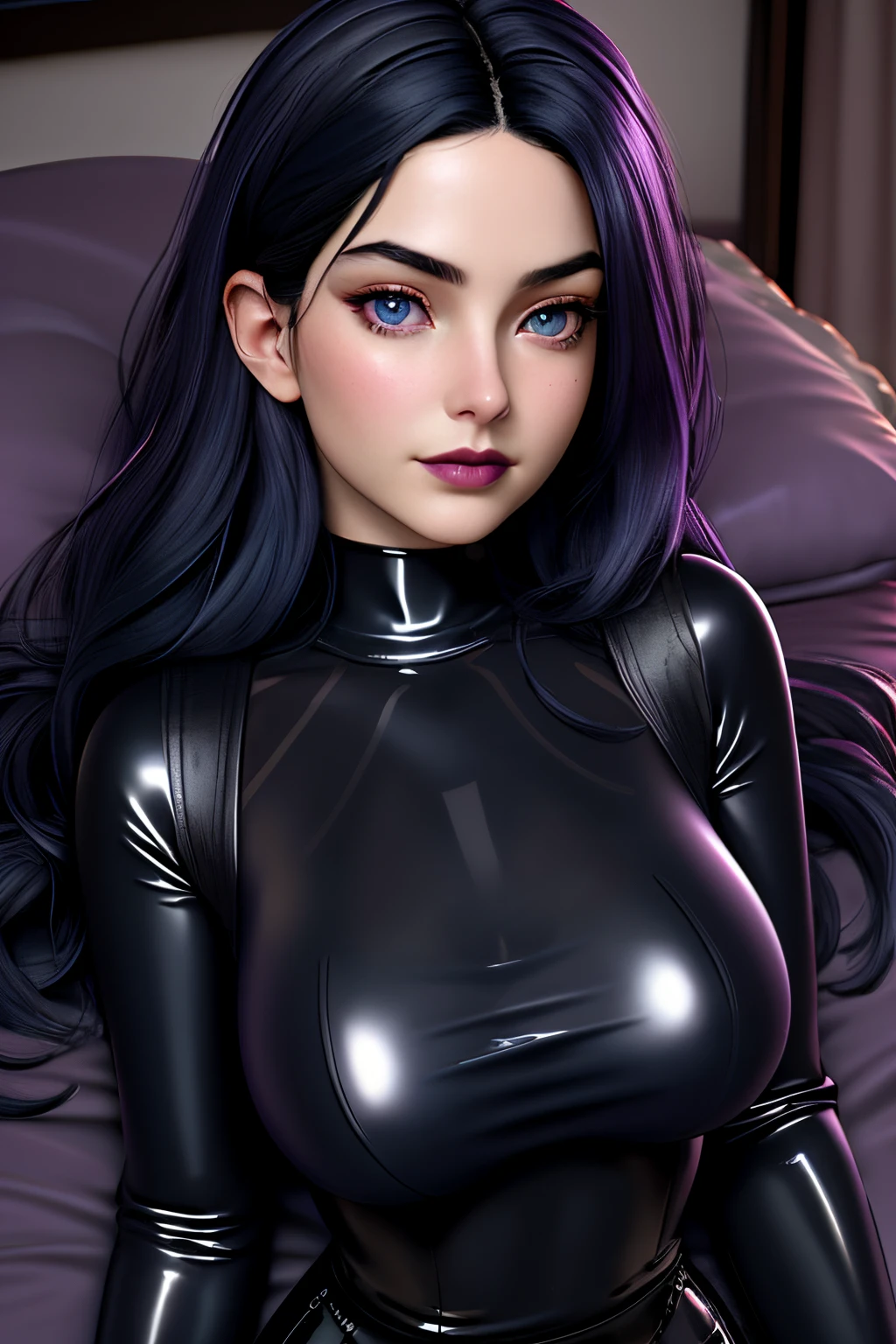 close up 1girl in, 20years, Solo, Aesthetic artwork, long dark blue hair, thick dark blue hair, light blue eyes, clear skin, pale skin, massive breasts, DD-Cup, cleavage, fit body, (round hips, thin waist: 1.25), (Sirius face, dark lipstick, mischievous:1.1), (wearing black latex bodysuit: 1.3), (laying down:1.25), lying on bed, (background, dark bedroom, 4k textures, dark light, purple edge light, RAW intricate, elegant, highly detailed, sharp focus, ((((cinematic look)))), insane details, intricate details, hyperdetailed, low contrast, hard cinematic light, dim colors, exposure blend, hdr, faded