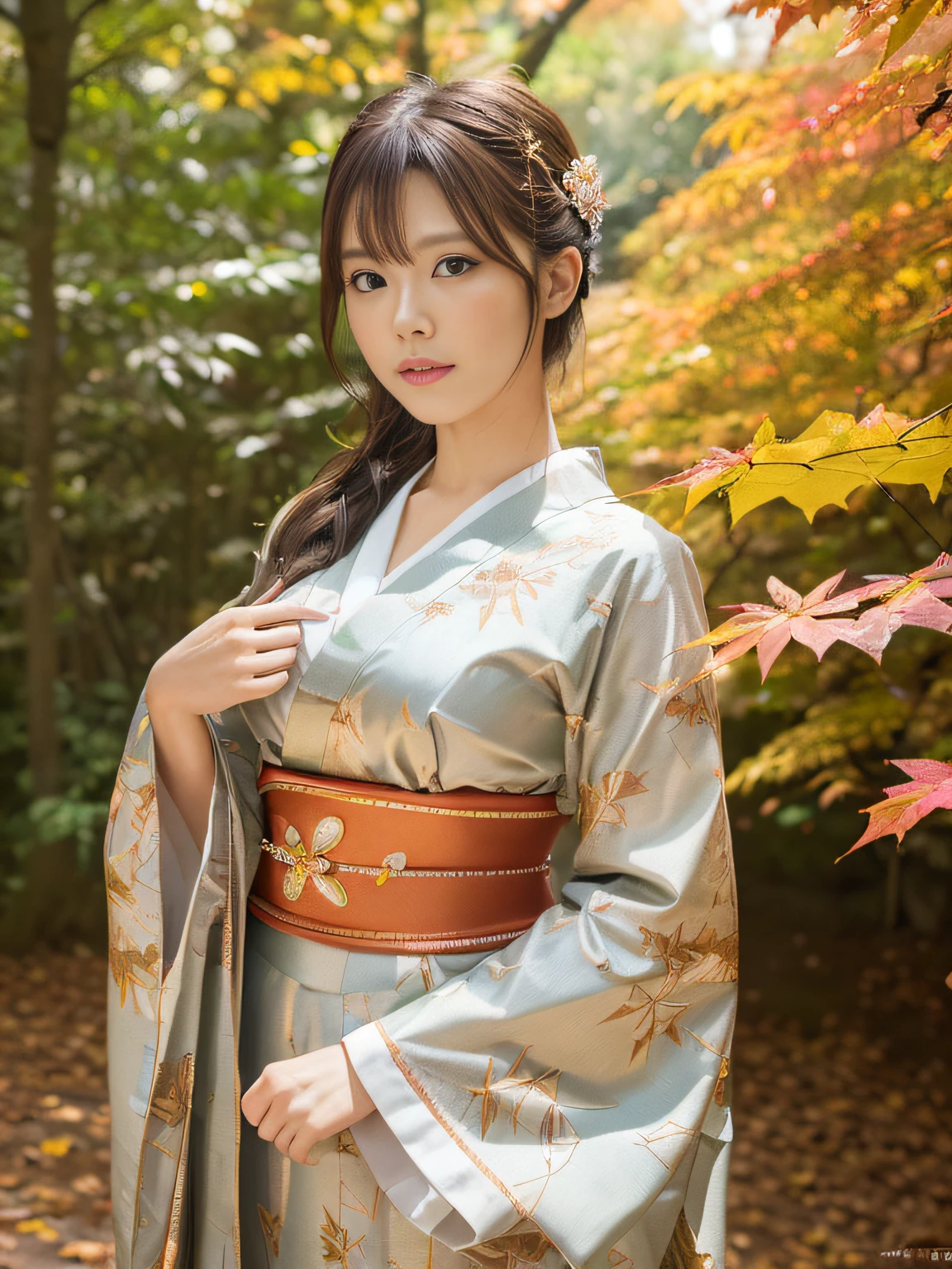 (Super elaborate CG Unity 8K wallpapers), (masuter piece), (Highest Quality), (Realistic), geisha, Kimono, dance, elf, Amber eyes, ((Best Quality)), ((super detailed)), (((Photo)), Autumn Japan Forest, Japan forest with beautiful autumn leaves, ((Photorealsitic:1.3)),