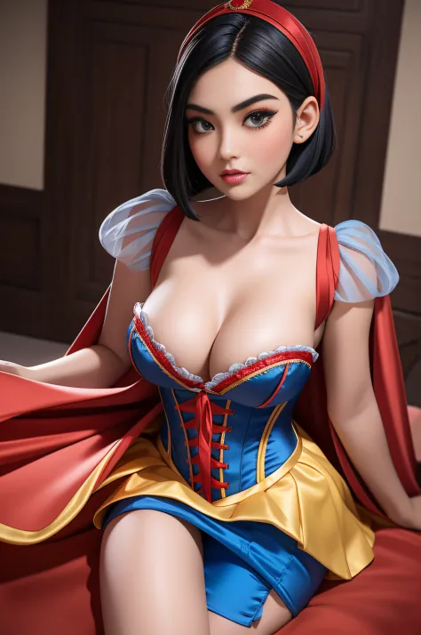 Beautiful Chinese 16 year old woman, wearing snow white cosplay, blue silk corset, red silk cape, yellow silk pleated skater skirt, , black short  bob hair, red hairband,   , masterpiece, photorealistic, amazing detailed face, amazingly detailed skin, boot...