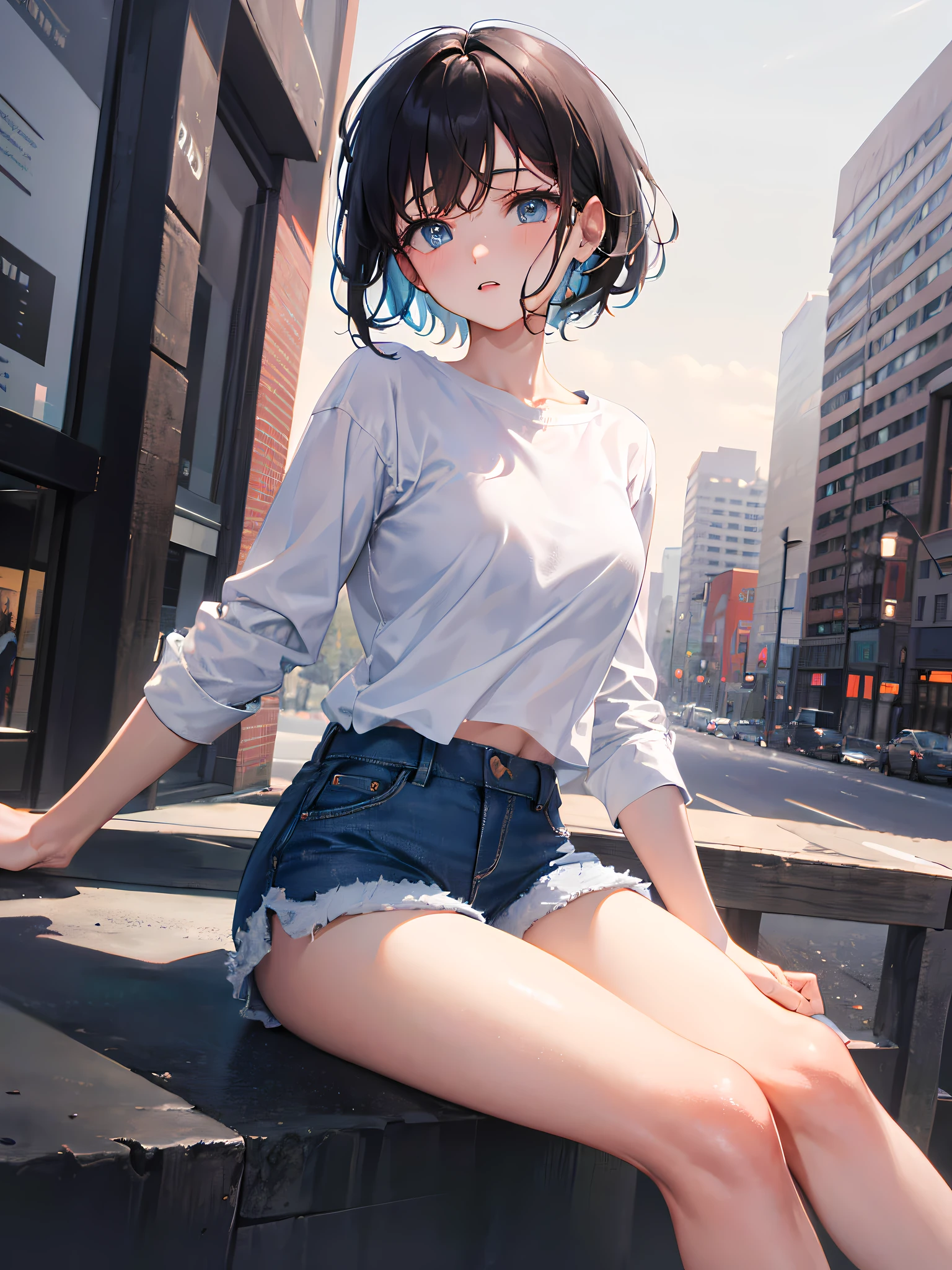 short black hair, blue eyes, wearing plain white shirt, denim shorts, city absurdres, high res, ultrasharp, 8K, masterpiece, looking at viewer