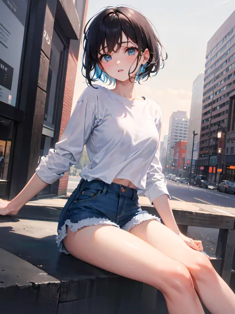 short black hair, blue eyes, wearing plain white shirt, denim shorts, city absurdres, high res, ultrasharp, 8K, masterpiece, loo...