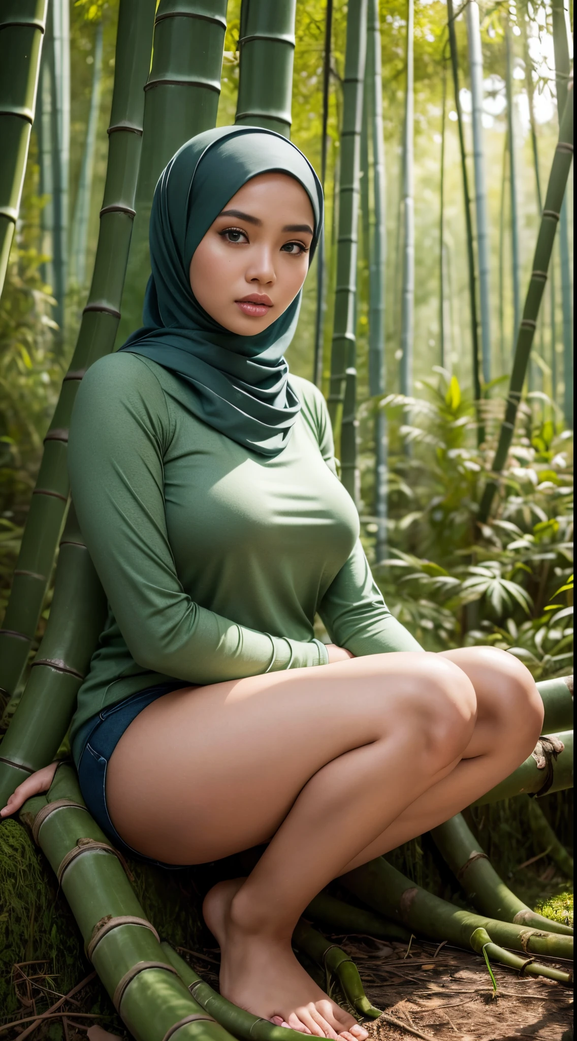 СЫРОЙ, Лучшее качество, высокое разрешение, шедевр: 1.3), красивая малайская женщина в хиджабе (я:0.8),смотрю на зрителя，узкий свитер，облегающие джинсы，фоторе, реалистично, Лучшее качество at best，большая грудь，подробные глаза，Сидя на мшистой земле в бамбуковом лесу， рассеянное освещение, глубина поля