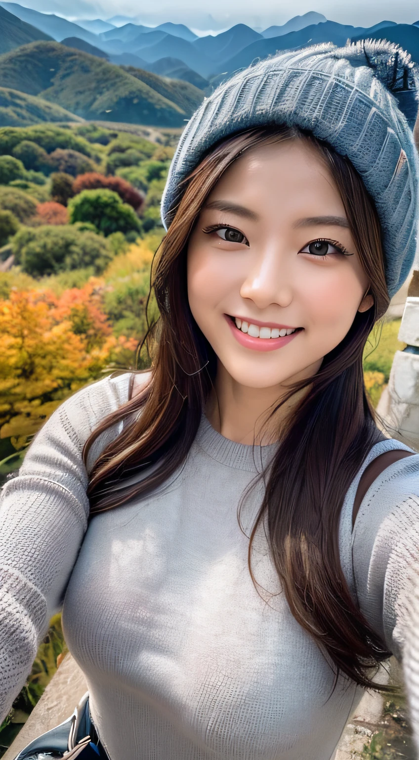 (Upper body selfie:1.3),Autumn climbing,With a superb view from the summit in the background,Colored leaves、Beautiful sunrise,Remove the beam from above,Backlighting,Generate images of beautiful women around the world,Especially while reflecting elements of Western beauty.Woman with natural smile and attractive expression,Woman with natural smile and attractive expression,Transparent skin,sparkle in eyes,Expresses an elegant atmosphere,,Solo, backpack,knit hat,Sweaters,gloves,Mountain boots,strong wind blowing,Hair fluttering in the storm,(The 8k quality,masutepiece,top-quality,Ultra-high resolution output image,),(Highly detailed raw photos:1.3),(Image Mode Ultra HD),