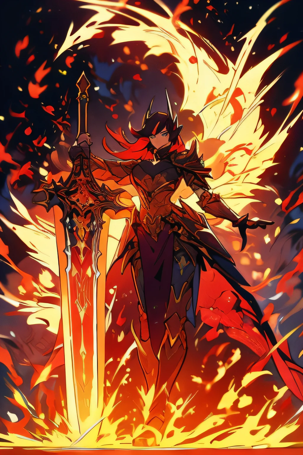 16k, HD, Professional, Highly Detailed, ((Masterpiece: 0.3)), (((High Quality))), Ultra-detailed face, Highly Detailed Lips, Detailed Eyes, full body, 1 Dark elf, female, paladin, red hair, wearing armor, wielding large sword, smiling, happy, flaming wings