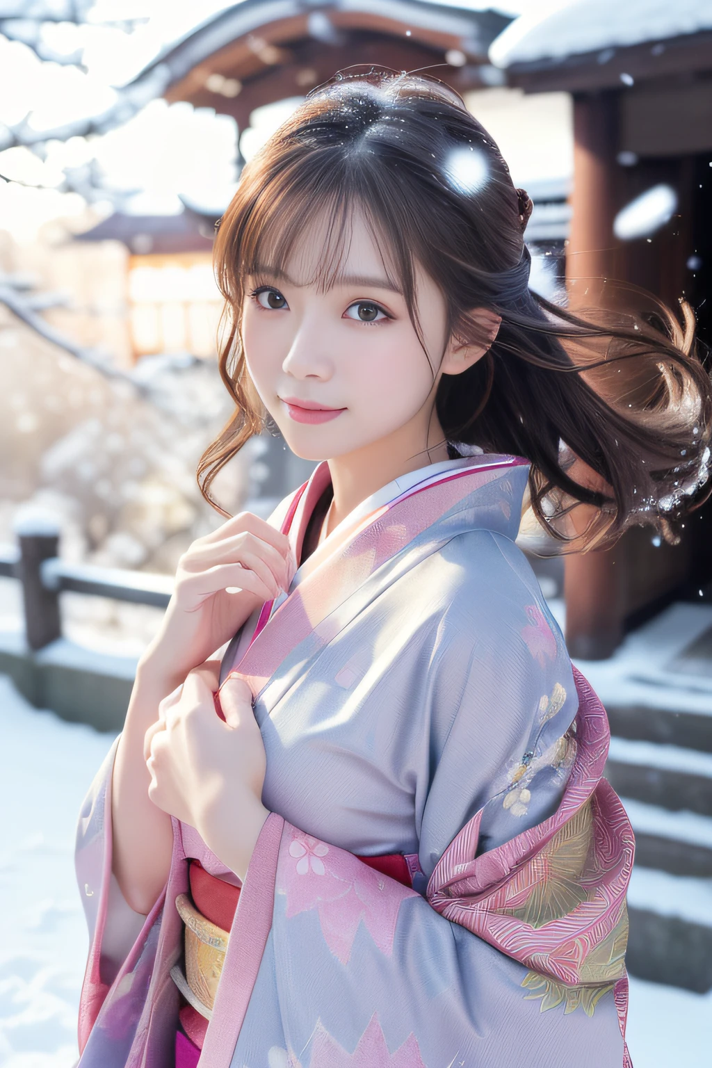 (Kimono)、(Bright kimono)、(top-quality,​masterpiece:1.3,超A high resolution,),(ultra-detailliert,Caustics),(Photorealsitic:1.4,RAW shooting,)Ultra-realistic capture,A highly detailed,high-definition16Kfor human skin、Skin texture is natural、The skin looks healthy with an even tone、 Use natural light and color,One Woman,japanes,kawaii,Beautiful breasts with F cups,A dark-haired,Middle hair,(depth of fields、chromatic abberation、Wide range of lighting、Natural Shading、)、(Falling snow:1.2)、(Hair swaying in the wind:1.2)、(Snow reflects light:1.1)