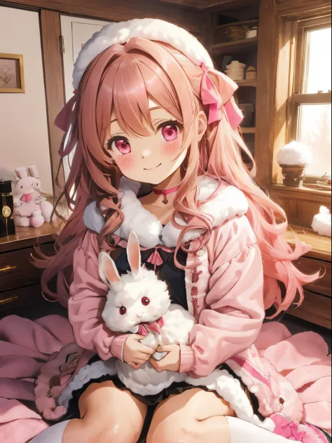 A room with lots of pink fluffy things,fluffy voluminous hair,lightbrown hair,hair band with big ribbon,fluffy and warm clothes,winter clothes with loose sleeves,girl sitting holding a rabbit,Slight red tide,Smiling kindly,