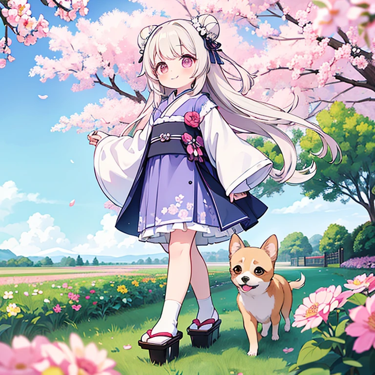 傑作 , 最高品質，壁紙 8k CG, 超高品質, 最高の ，1人の女の子,一人で，笑顔，画像の中央に彼女の 2 つのパンが写っています。最高品質の日本の萌えイラスト，澄んだ淡いピンクの赤面，青い空が美しく、たくさんの花が咲いている公園で、かわいい子が白いチワワ犬と一緒に散歩しています。. 彼女は花柄のドレスを着ています. チワワはとても美しい白い毛皮と愛らしい丸い大きな目を持っています。. 日本のアニメスタイル