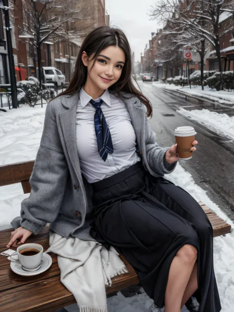 winter clothes of flight attendant, pull up long skirt, straddling, small breast, panties, shy smile, winter street, road trees,...