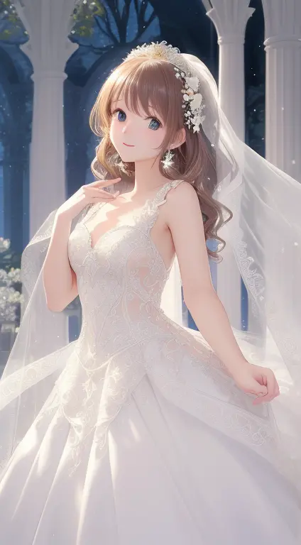 (top-quality、hight resolution、​masterpiece)、There is a wedding dress with lights on the mannequin stand、A dream world where a be...