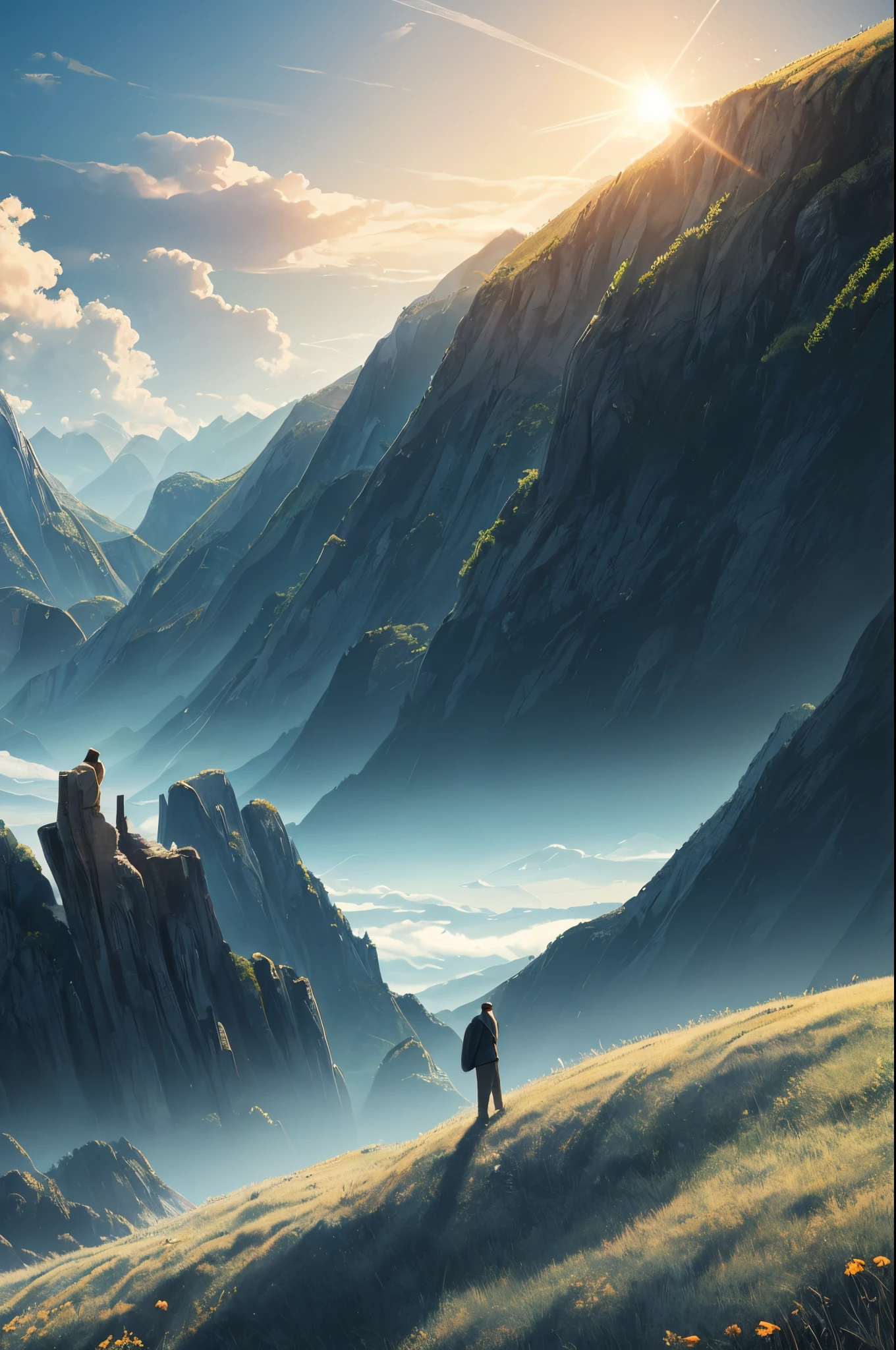 “Journey to the Horizon”
Image: A panoramic view from south to north, with diverse landscapes and regions symbolizing life's journey.
Elementant horizon representing life goals, a ladder reaching towards the sky, and a man figure contemplating the path.