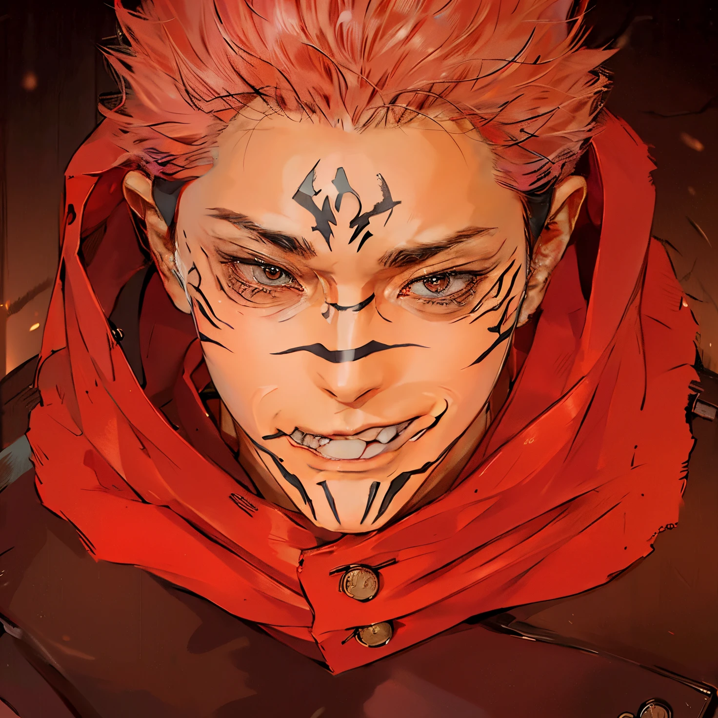 1인, itadori yuji mode sukuna in anime jujutsu kaisen, 짧은 머리 , 분홍색 머리, 붉은 빛의 눈, 멋있는, 검은 옷, 현실적인 clothes, 디테일 옷, 도시 배경, 울트라 디테일, 현실적인