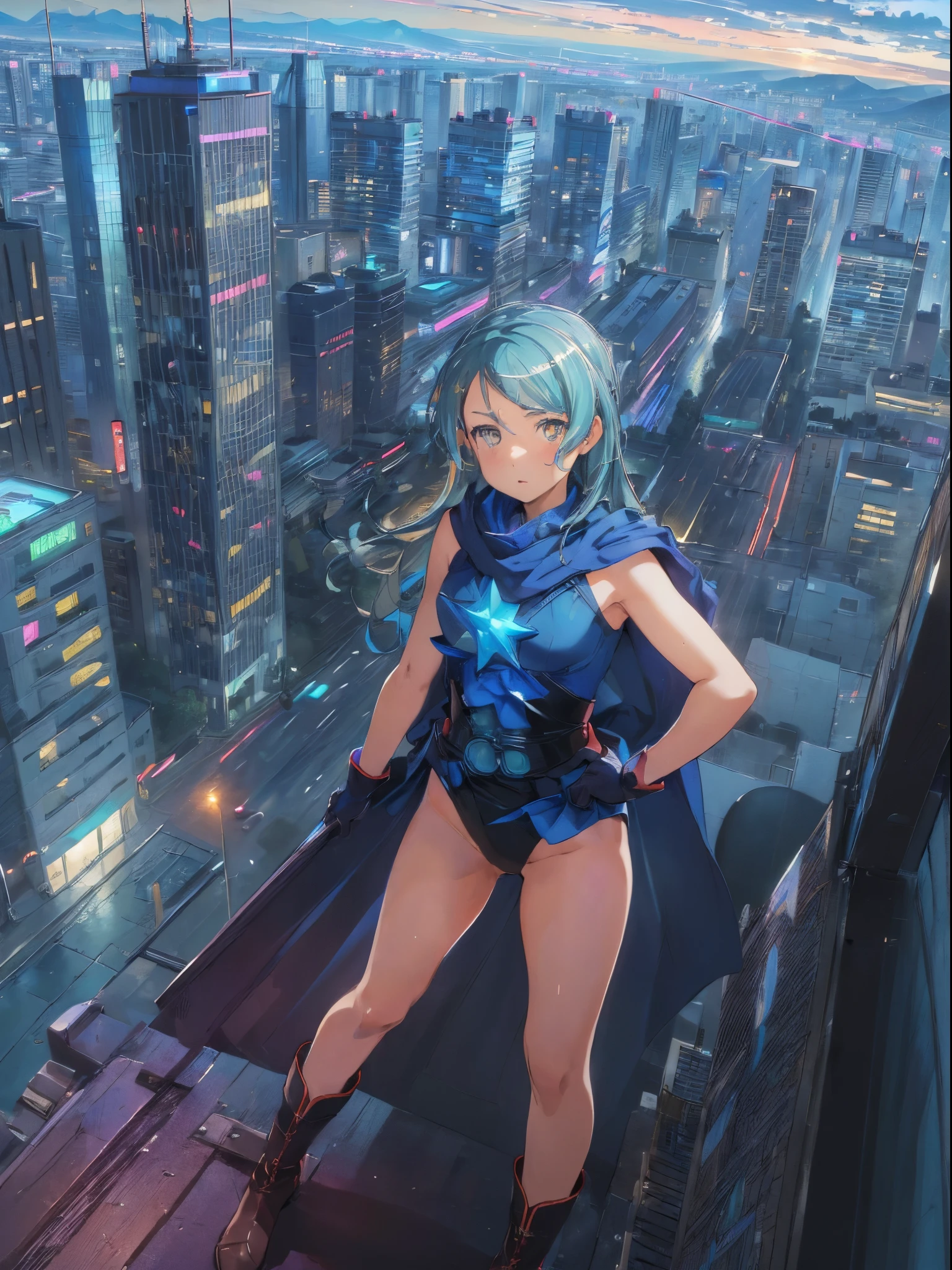 (masterpice, best quality, high quality, highres:1.4), extremely detailed, detailed skin, 4K, line art, art, 1girl, sayobd, superhero, leotard, bare legs, gloves, boots, city backdrop, hands on hip, heroic, looking at viewer