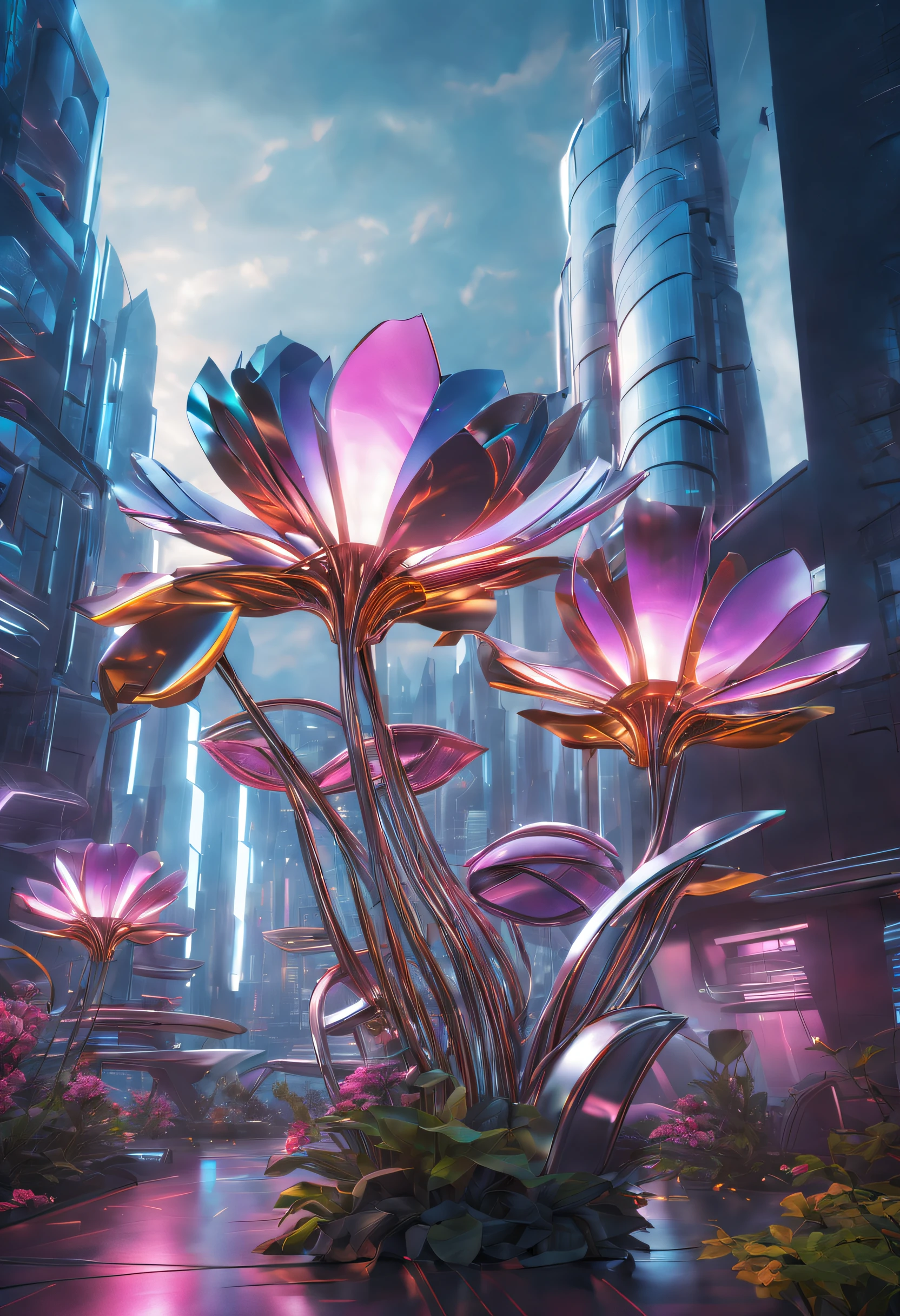 (best quality,highres,masterpiece:1.2),ultra-detailed,realistic,metal flowers blooming in a futuristic cityscape,realistic lighting effects,like being in a future world,architectural lines and colors complementing the metal flowers,creating a high-tech futuristic scene,colorful and dramatic lighting effects,exaggerated colors and lighting effects,evoking a sense of futurism.
