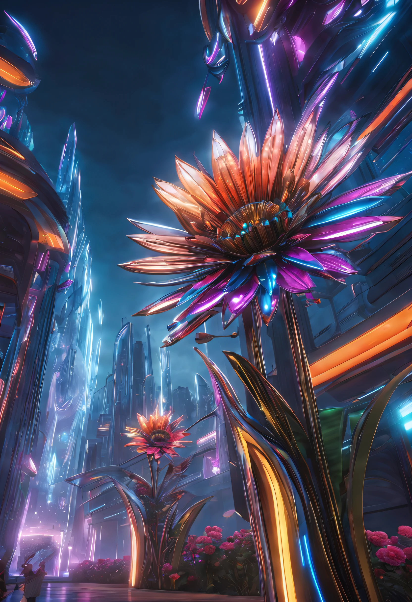 (best quality,highres,masterpiece:1.2),ultra-detailed,realistic,metal flowers blooming in a futuristic cityscape,realistic lighting effects,like being in a future world,architectural lines and colors complementing the metal flowers,creating a high-tech futuristic scene,colorful and dramatic lighting effects,exaggerated colors and lighting effects,evoking a sense of futurism.