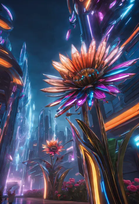 (best quality,highres,masterpiece:1.2),ultra-detailed,realistic,metal flowers blooming in a futuristic cityscape,realistic light...