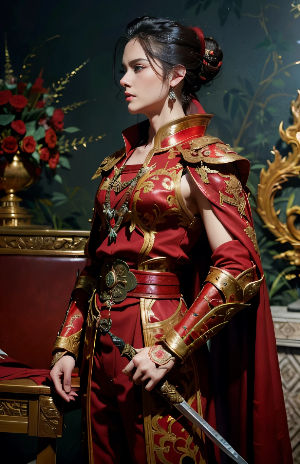 Looks serious.., Lip press., (Updo Red:1.2), (Red Steel Armor:1.1) And a robe... (capes:1.2) Royal style family (embroidery:0.5) With a sword..., skinny (Gorket Luckcart Poldron :1.3), Falcon symbol on armor, (masterpiece:1.2) (illustration:1.1) (bestquality:1.2) (Detailed) (intricate) (10) (HDR) (wallpaper) (Cinematic lighting) (crisp focus), Linewichit Style