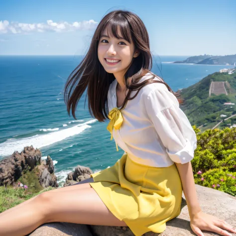 Best Quality,masutepiece,超A high resolution,(photographrealistic:1.4),1girl in,Looks like Yua Mikami，,Japan Woman,white panty hose，wearing a yellow down jacket，green super mini skirt，On a hill where you can see the ocean from a cliff，Smiling，Full-body high...