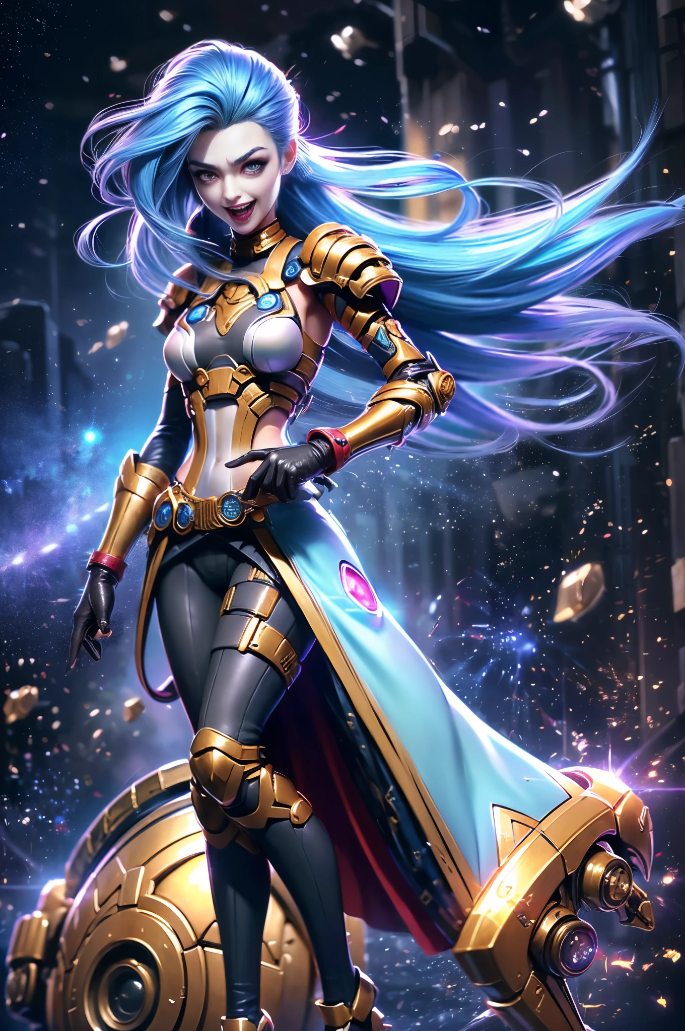 (Long-range shooting: 1.5), jinx \(league of legends\), (1girl，League of Legends Jinx)，(Scarlet eyes: 1.2, crazy laughter, Blue double ponytail hair: 1.5)，Kungfu，Wearing future technology mechanical armor，(Holding a particle laser cannon in hand，a revolver)，Aoshu crystal, Attack status，(Snowy mountain woods，surrounded by rain，League of Legends Game World)，Illustration style，The whole body is exposed to the rain for a long time，(exquisite facial features，Perfect hand featureartial arts style，(Selective focusing，full body shot of，tmasterpiece，ultra - detailed，Epic work，highest  quality，8k，panorama, first-person view, atmospheric perspective, UHD, masterpiece, ccurate, anatomically correct, textured skin, high details, award winning, best quality), jinxlol, bydylankowalski