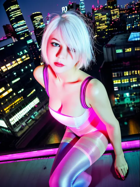 Pretty, Woman, Sexy face, Yellow eyes, White hair, Slim body, Sexy Pose, Pink tights, mechs, Neon sign, Led Night City, Seen from above, High quality, Realistic, Beautiful light, full detail, Black background