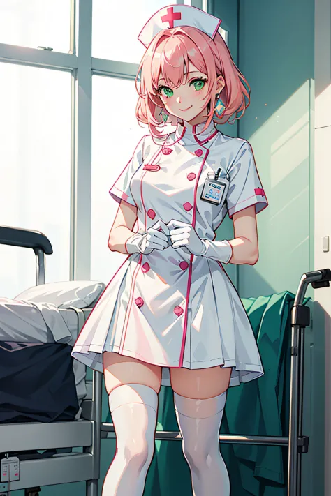 1girl, solo, nurse, nurse cap, white wear, ((white legwear, zettai ryouiki)), white gloves, pink hair, green eyes, drooping eyes...