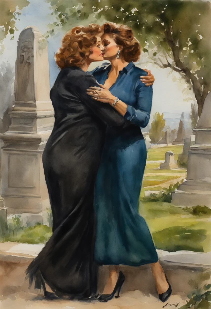 A painting of two women hugging each other in a cemetery - SeaArt AI