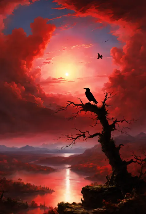thomas cole style、Silhouette of a crow floating in the red aurora、Fantastic sky、natta、top-quality、Masterpiece、hight resolution、Beautiful fece、top-quality、​masterpiece、ighly detailed