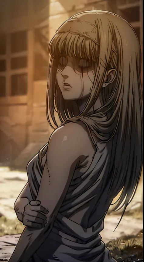 A girl with bright blue eyes and long silver hair, resembling Ymir Fritz, stands in the center of a desolate battlefield from the Attack on Titans series. She is dressed in a tattered cloak, her face marked with exhaustion and sorrow. The expression on her...