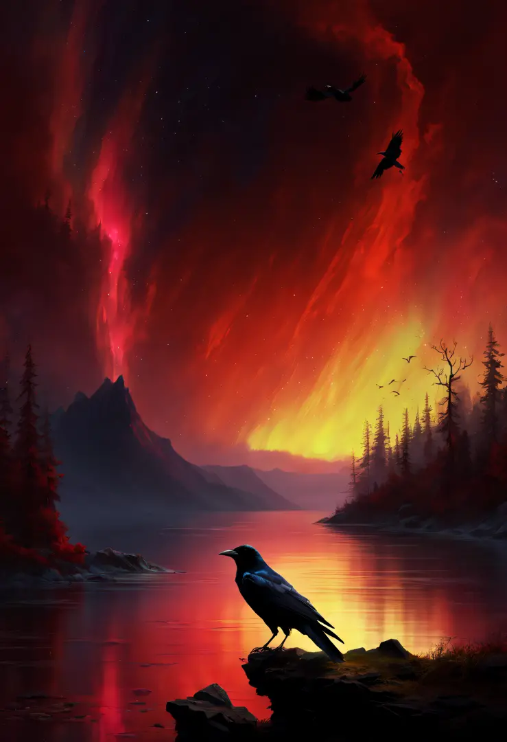 thomas cole style、Silhouette of a crow floating in the red aurora、(Red Aurora Borealis:1.2), Fantastic sky、(natta:1.6)、top-quality、masutepiece、hight resolution、Beautiful fece、top-quality、​masterpiece、ighly detailed
