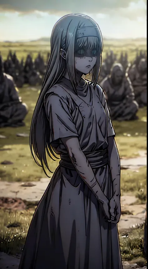 A girl with bright blue eyes and long silver hair, resembling Ymir Fritz, stands in the center of a desolate battlefield from the Attack on Titans series. She is dressed in a tattered cloak, her face marked with exhaustion and sorrow. The expression on her...