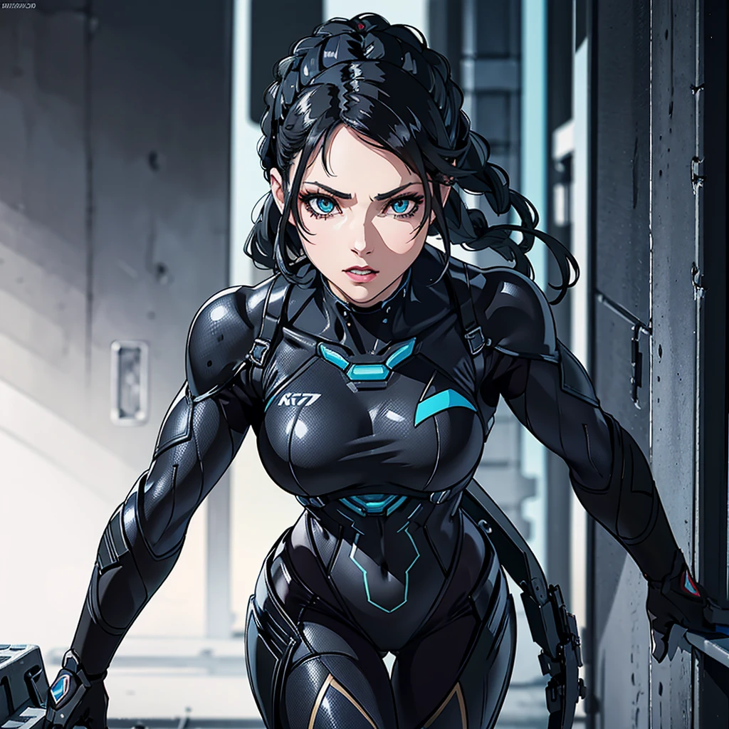 Peta Jensen, French Braid black hairs, yeux turquoise, Makeup, Black crysis nanosuit, No background, High resolution, Ultra-pointu, 8k, Masterpiece,