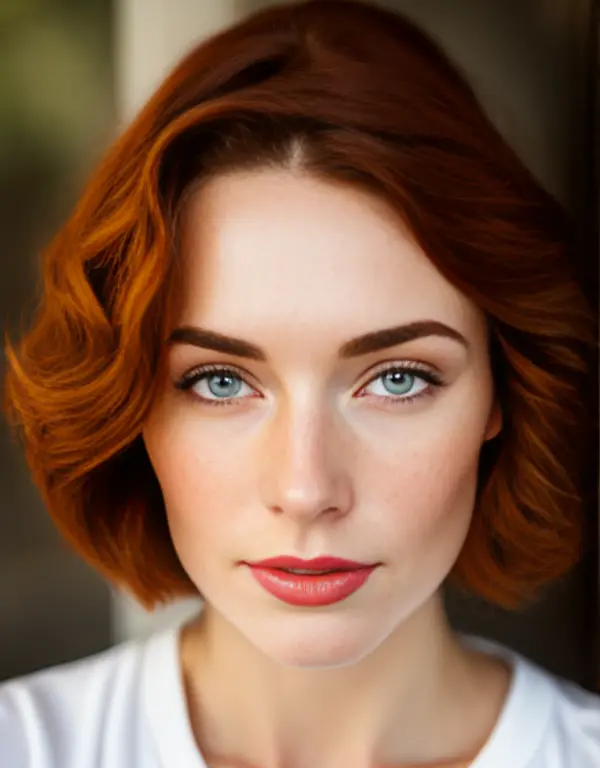 selfie, detailed and realistic portrait of a woman with a few freckles, redhair, long haircut, pale skin, round eyes and short m...