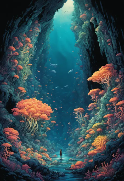 Deep Sea Revised Cave、high ceiling cave、diego gisbert lawrence、josan gonzales、by Dan Mumford、a storybook illustration、Psychedeli...