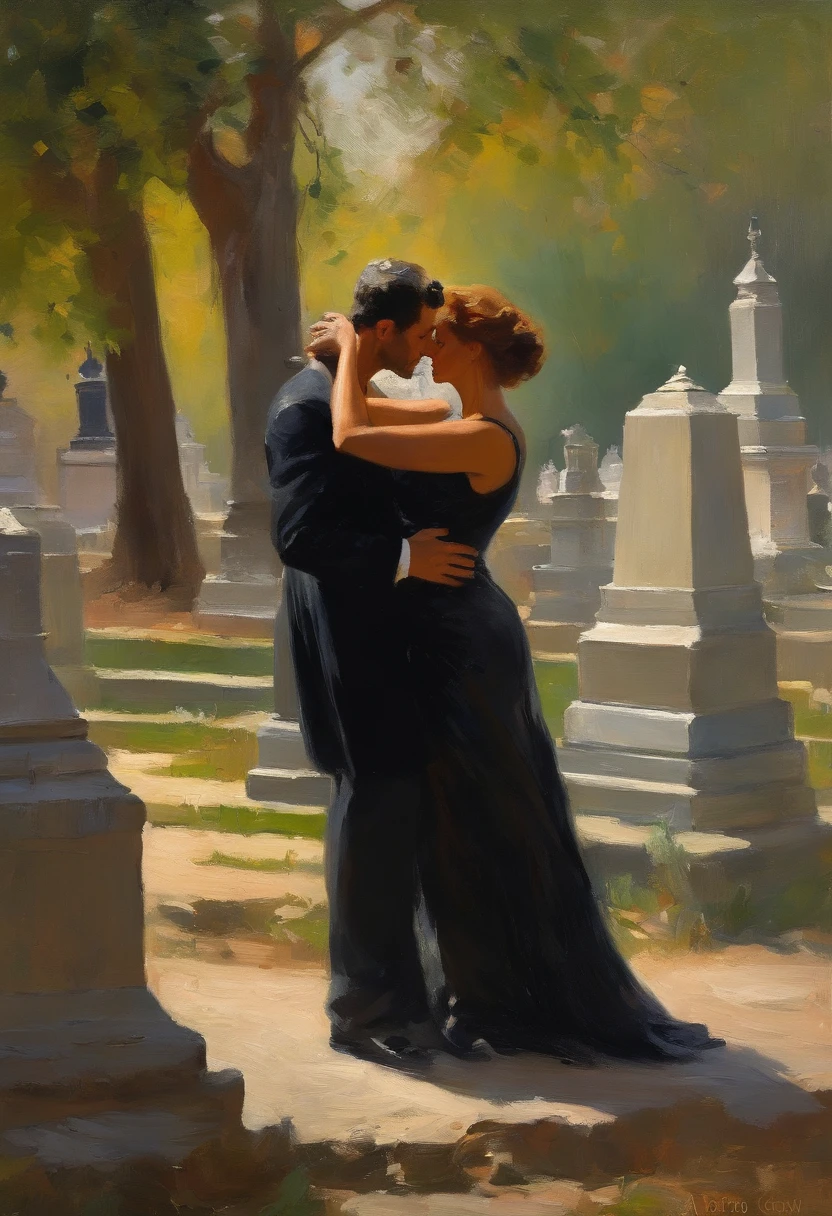 Painting of a couple kissing in a cemetery - SeaArt AI