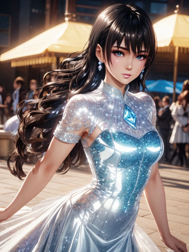 (nanami), 1girl, solo, earrings, long hair, looking at viewer, looking back, (crystalline dress), ball gown, head tilt, parted lips, upper body, masterpiece, best quality, (shiny skin), steaming body, realistic