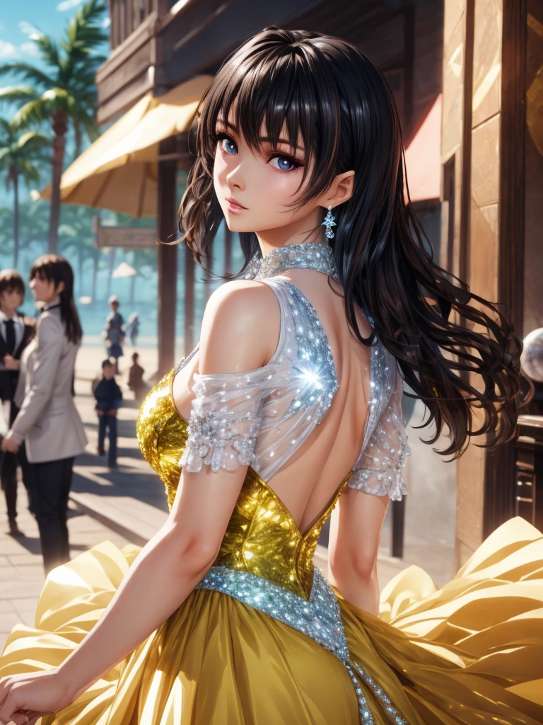 (nanami), 1girl, solo, earrings, long hair, looking at viewer, looking back, (crystalline dress), ball gown, head tilt, parted lips, upper body, masterpiece, best quality, (shiny skin), steaming body, realistic