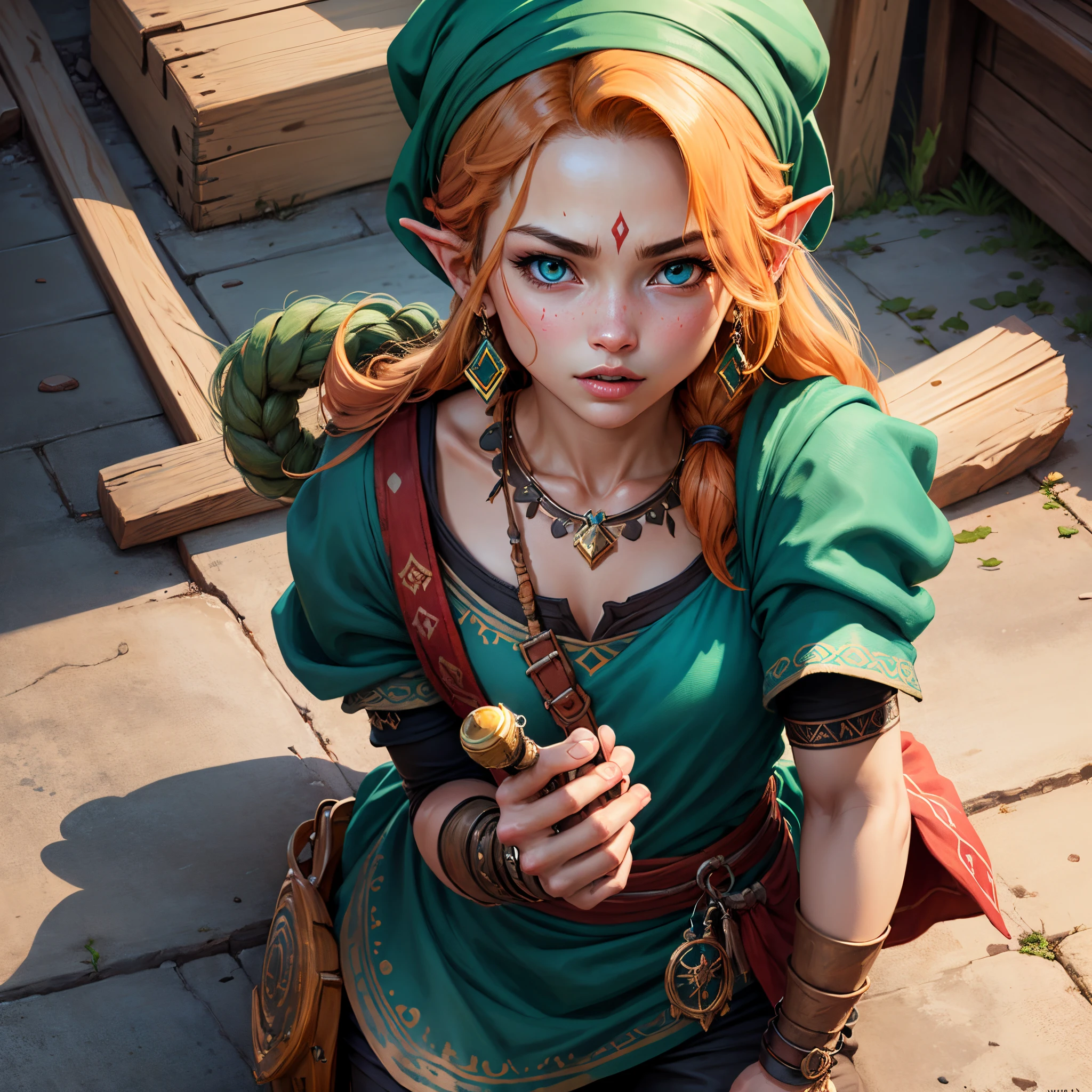 Arafed female elf with red hair and green dress holding a sword - SeaArt AI