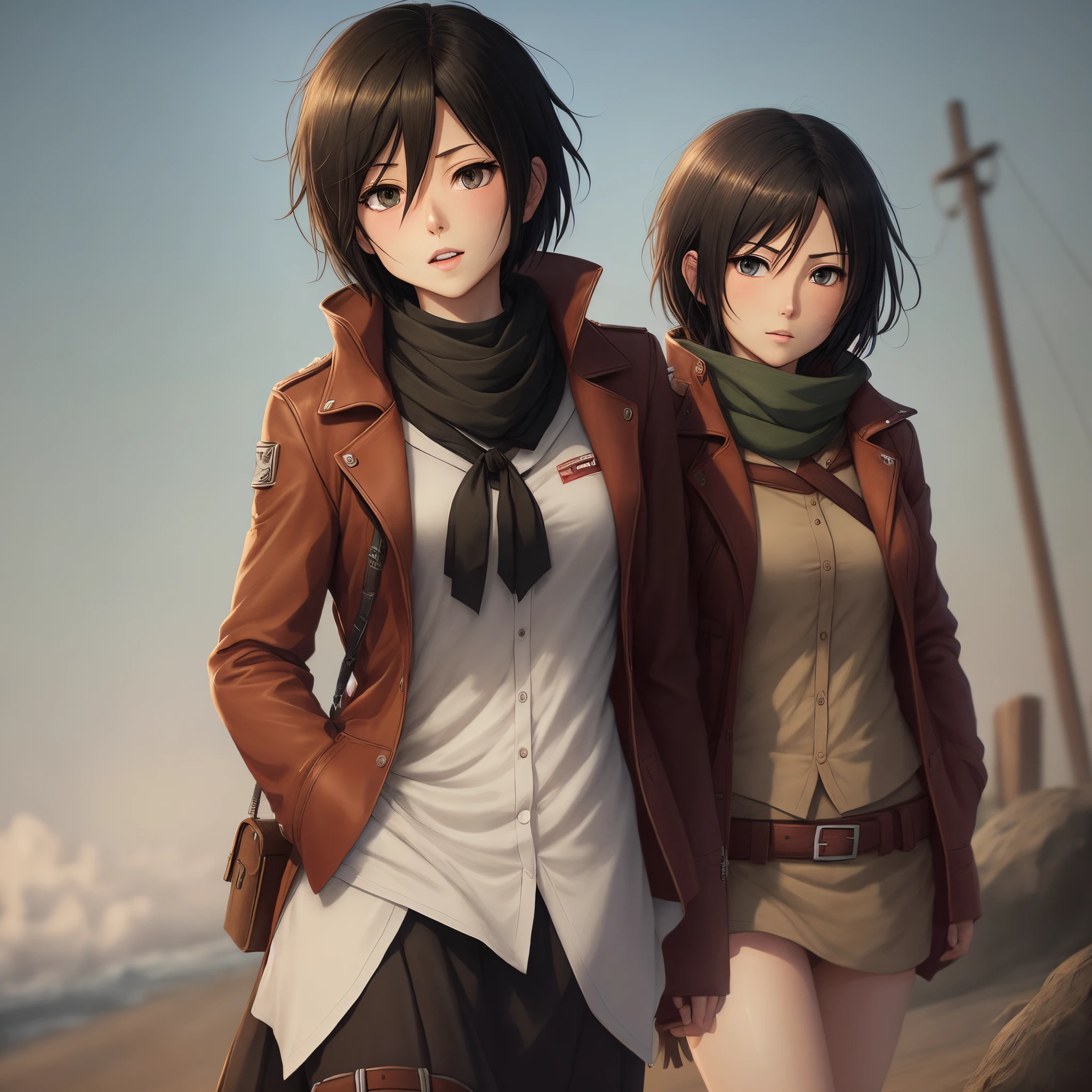 Anime girl with brown hair and scarf standing next to another girl - SeaArt  AI