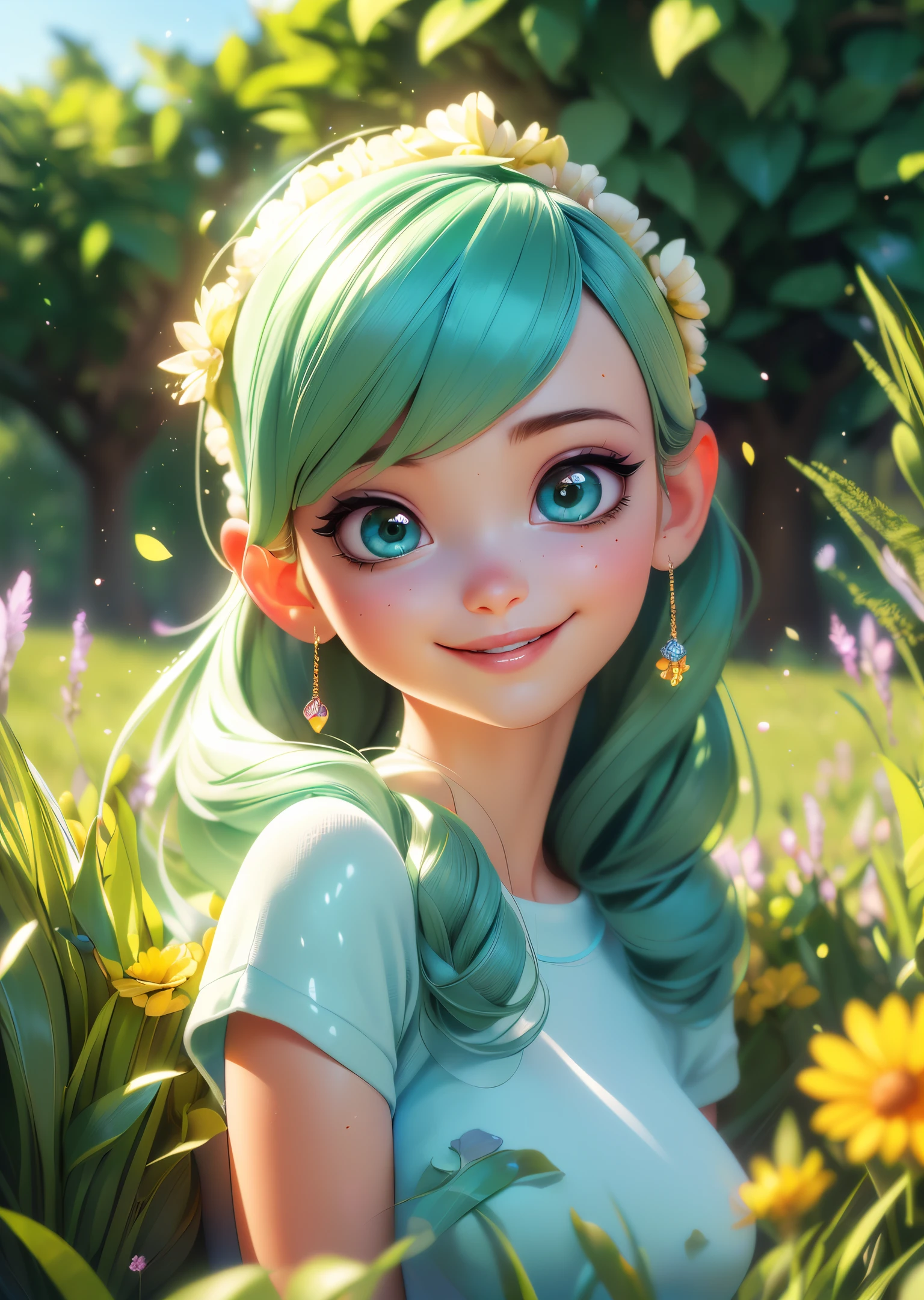 (best quality, 4k, 8k, highres, masterpiece:1.2), ultra-detailed, (realistic, photorealistic, photo-realistic:1.37), playful, cartoon, girl, cute smile, outdoor, 3d rendering, beautiful detailed eyes, beautiful detailed lips, extremely detailed eyes and face, longeyelashes, colourful, soft lighting, summer scenery, green grass, lively atmosphere