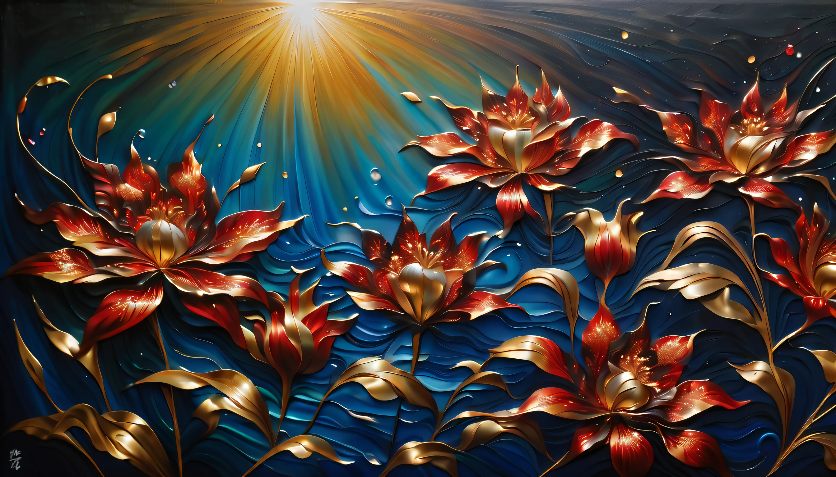 stunning oil painting of a mythical vibrant ornamentation flowers, steel coating silver and gold metallic_flower, in large aquarium, breathtaking contrast of light and shadow, glisten under a complex glow, mesmerizing glow that highlights the beauty of the metallic flowers, while snowflakes fall gently from above, graceful fish swim through the water. visually stunning detailed oil painting, beautiful, photo_real paint, delicate metal flowers shining in the dappled sunlight, as metallic flowers glimmers in the sun, each petal intricately detailed and rendered with a masterful gouache technique, its beauty and strength captured in every brushstroke, (((intricate detail:1.4))), (((extremely insane detail:1.4))), (((highly quality:1.3))), ultimate level art, (((highly quality:1.3))), (((radiosity rendered in stunning 32k resolution beauty:1.3))),