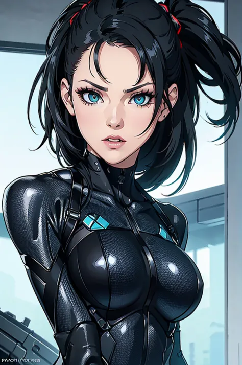 peta jensen, ponytail black hairs, yeux turquoise, makeup, black crysis nanosuit, no background, high resolution, ultra-pointu, ...