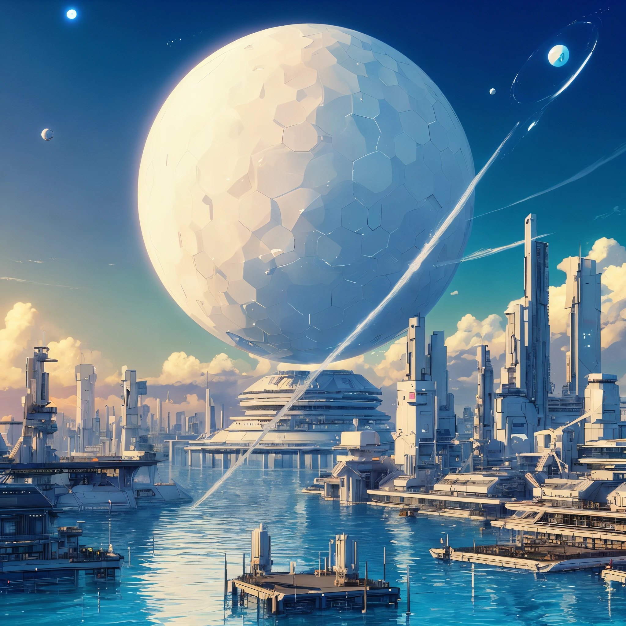 anime - Stil rendering of a futuristic giant white sphere with hexa texture, in Stil of beeple, 3D-Rendering von Beeple, Greg Beeple, Wernadskij Noosphäre, Stil hybrid mix of beeple, Meisterwerk, Beeple tägliche Kunst,Stil, Realismus, Konzeptkunst